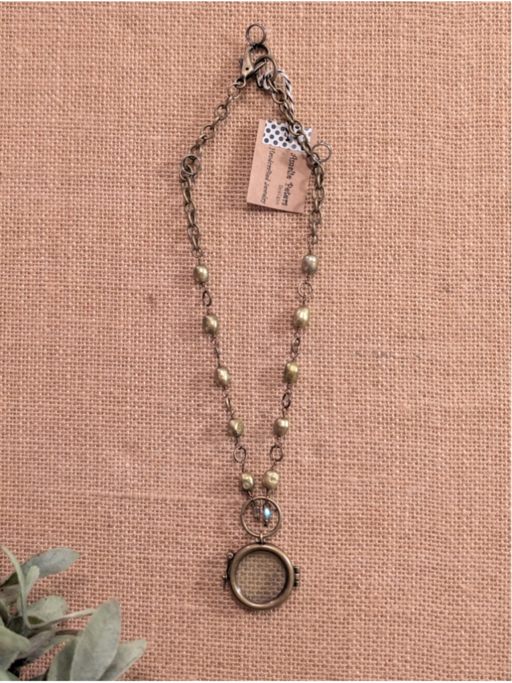 Handcrafted Boho Green Pearl Brass Chain Glass Framed Locket Station Necklace
